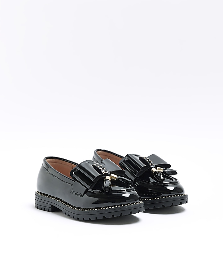 Girls black bow chunky loafers