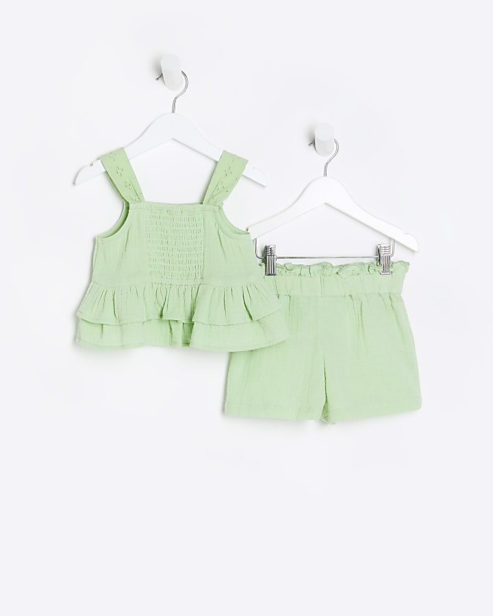 Mini girls green peplum top and shorts set