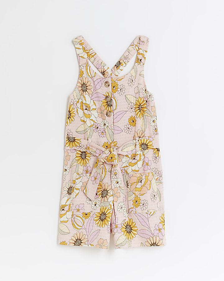 Girls pink textured floral belted playsuit