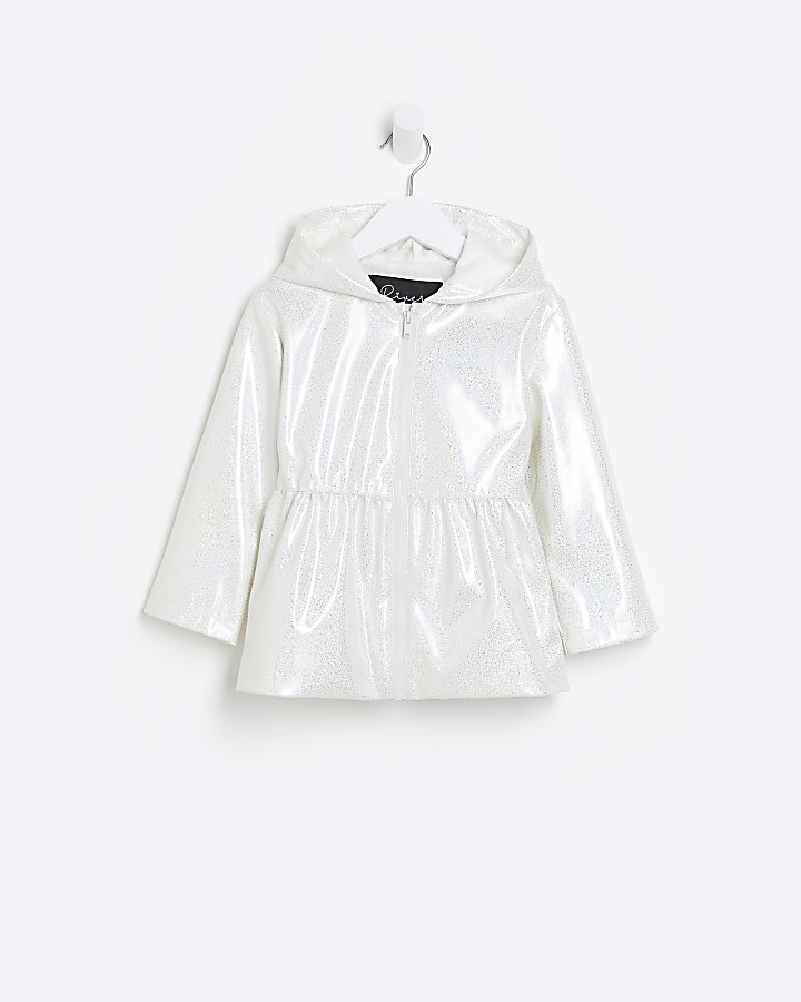 Mini girls white iridescent raincoat