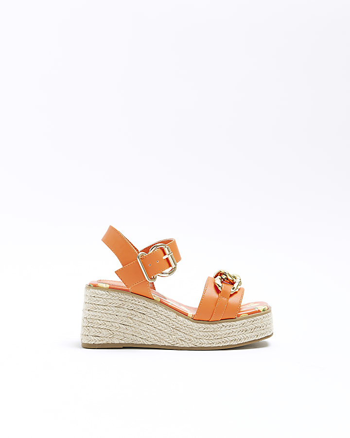 Girls orange gold hardware wedge sandals