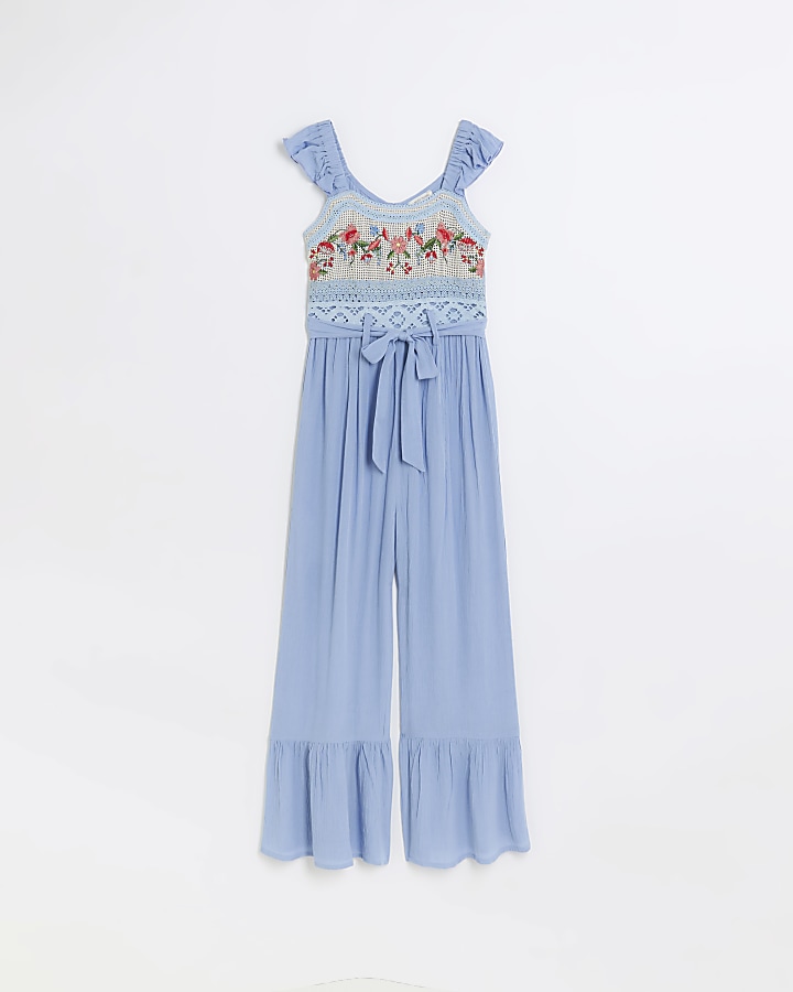 Girls blue floral crochet jumpsuit