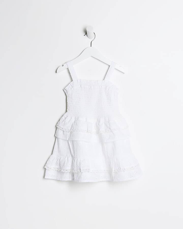 Mini girls white broderie tiered dress