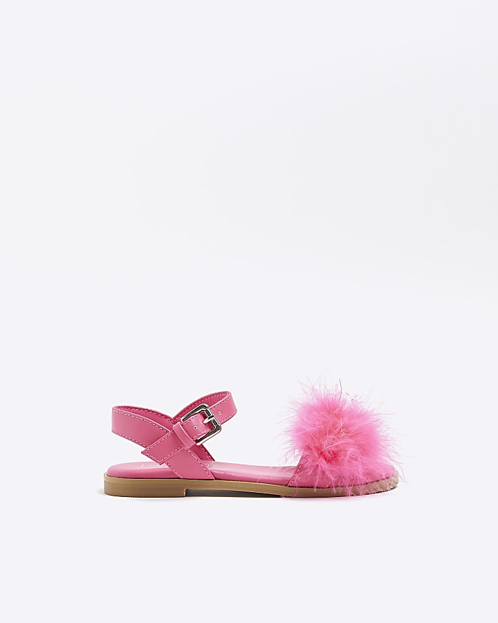 Girls Pink Fluffy Sandals River Island