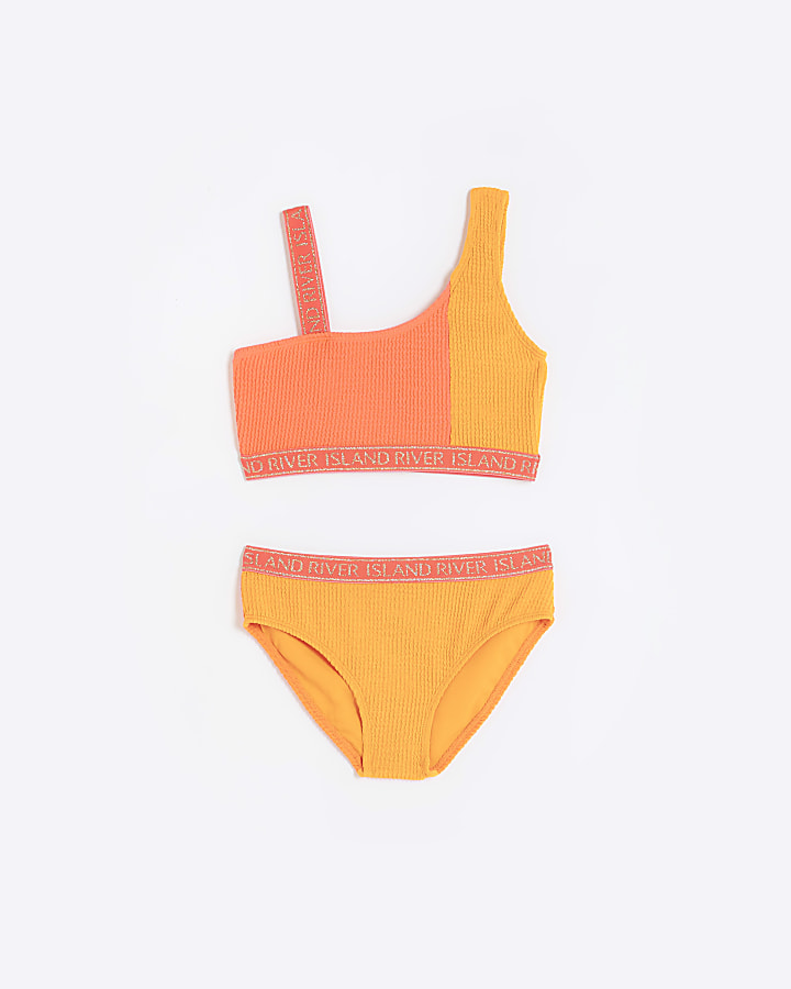 Girls coral asymmetric colour block bikini