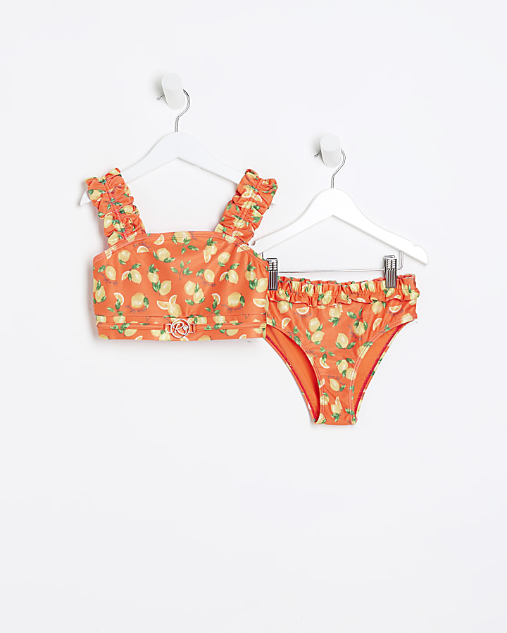 Girls red lemon print frill bikini
