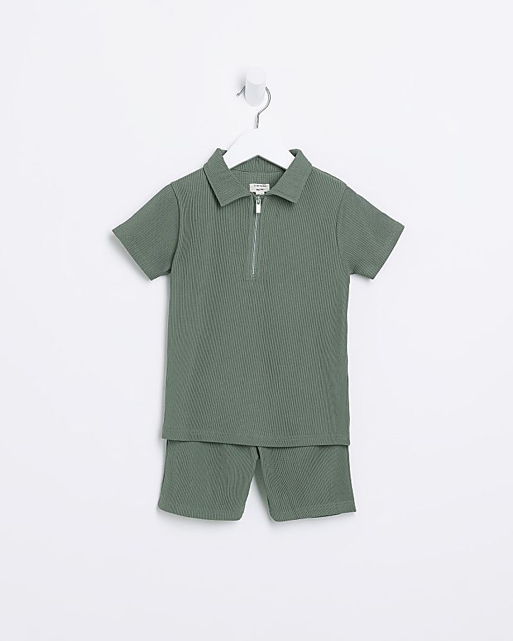 Mini boys khaki Plisse Polo shirt set