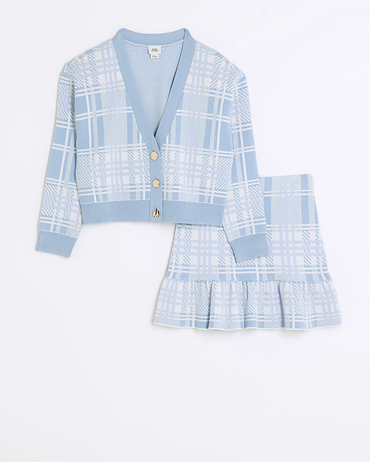 Girls blue check knit cardigan and skirt set