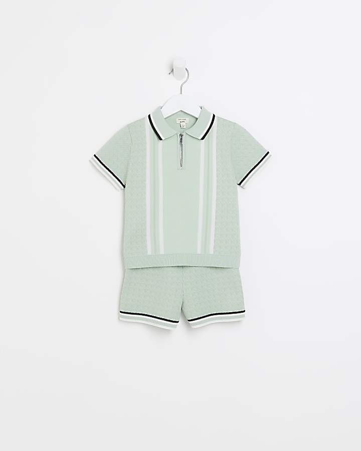 Mini boys green geometric polo shirt outfit