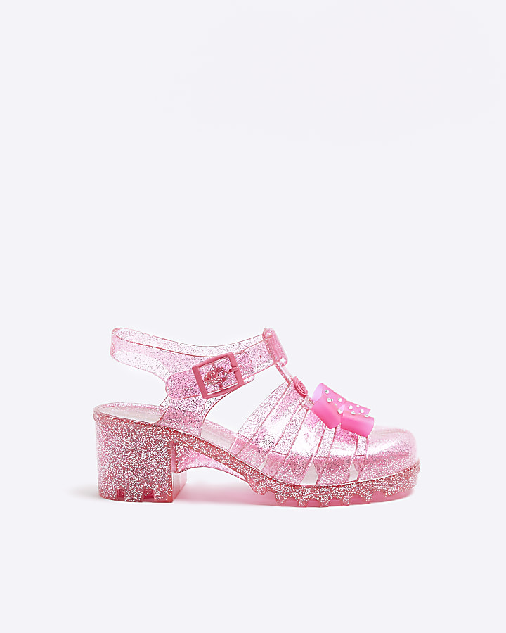 Girls pink RI x Barbie heeled jelly sandals River Island