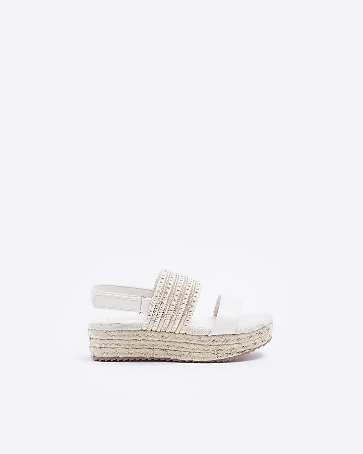 Girls cream studded flatform sandals River Island