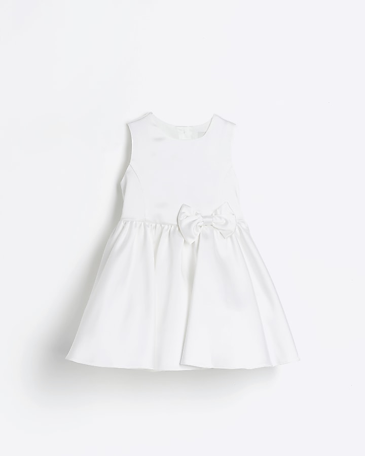 Girls white satin bow skater dress