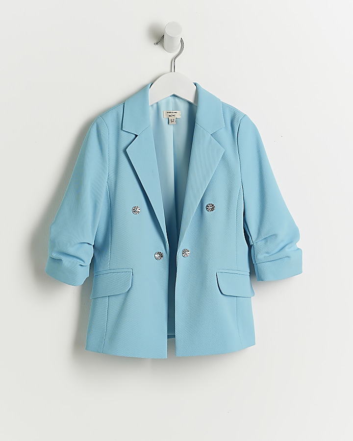 Mini girls blue ruched sleeve blazer