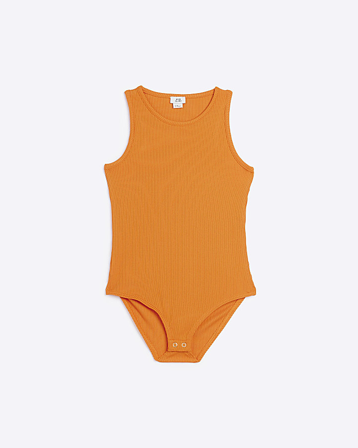Girls Orange Ribbed Racer Bodysuit