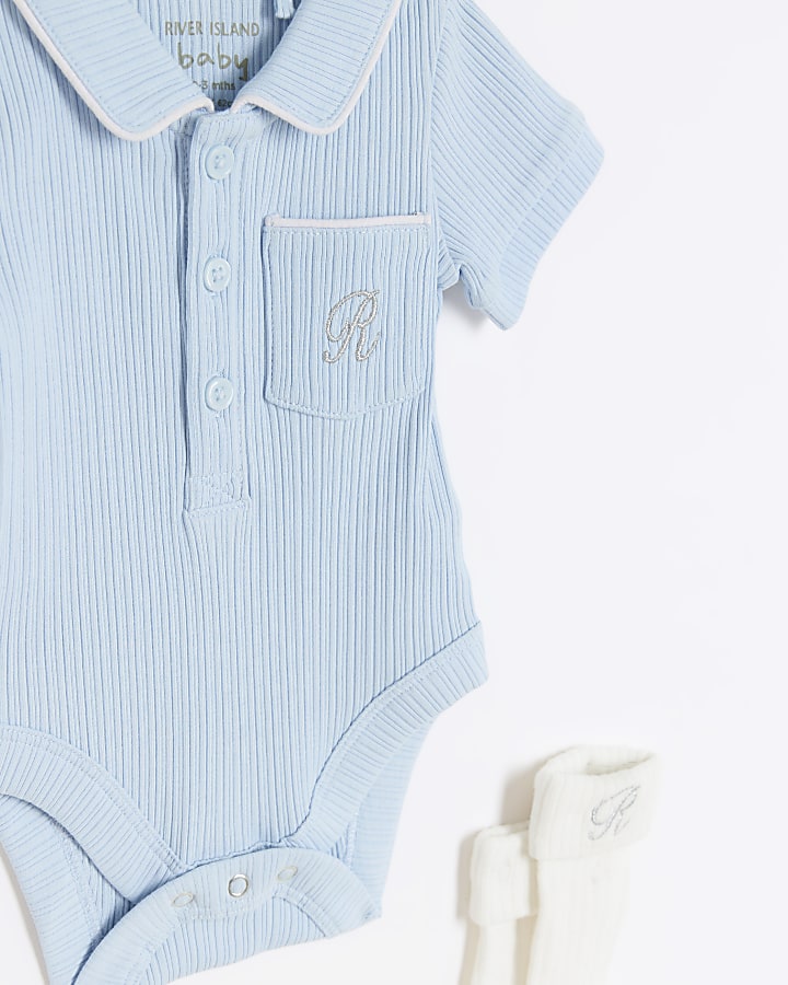 Baby boys blue Rib Bodysuit and Socks Set River Island