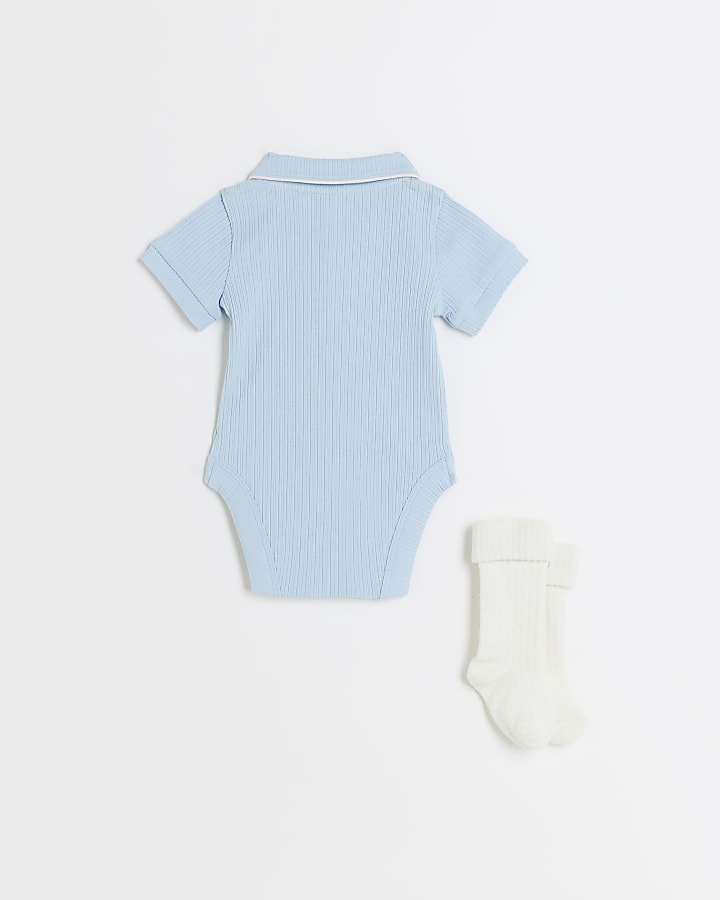 Baby boys blue Rib Bodysuit and Socks Set River Island