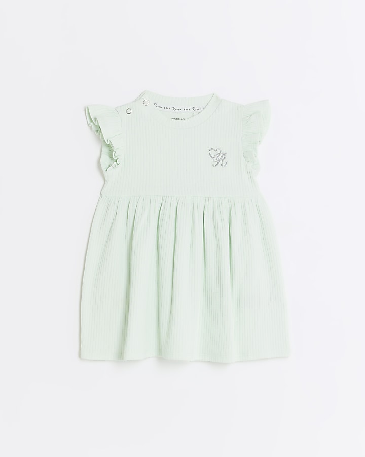 Baby girls green ribbed frill dress