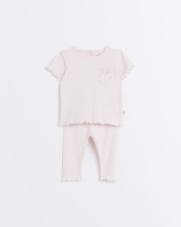 Baby girls pink ribbed t-shirt set