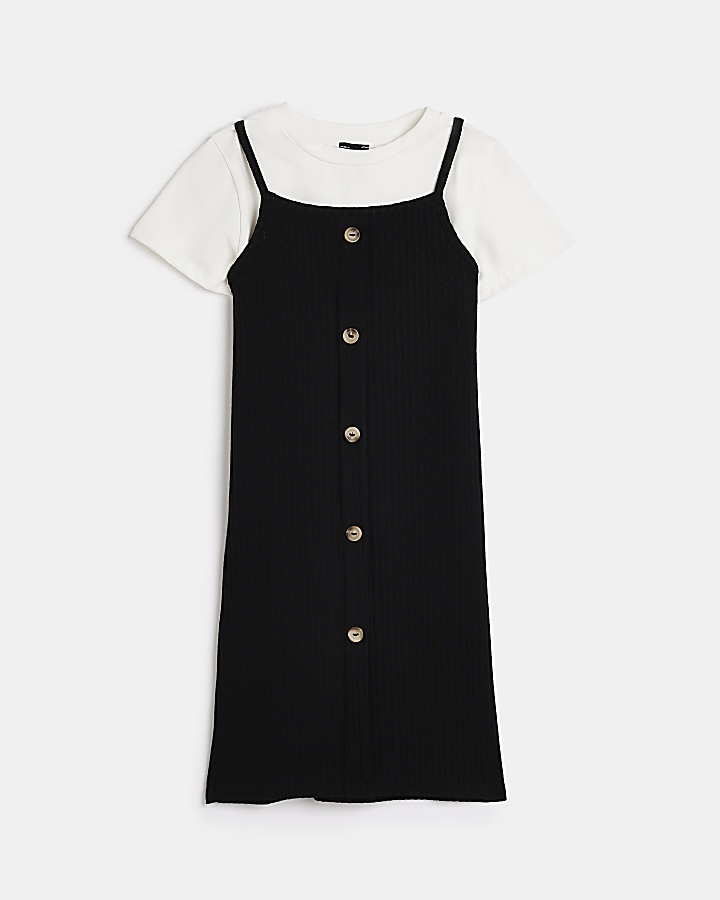 Girls Black Ribbed 2 in 1 Button Front Dress