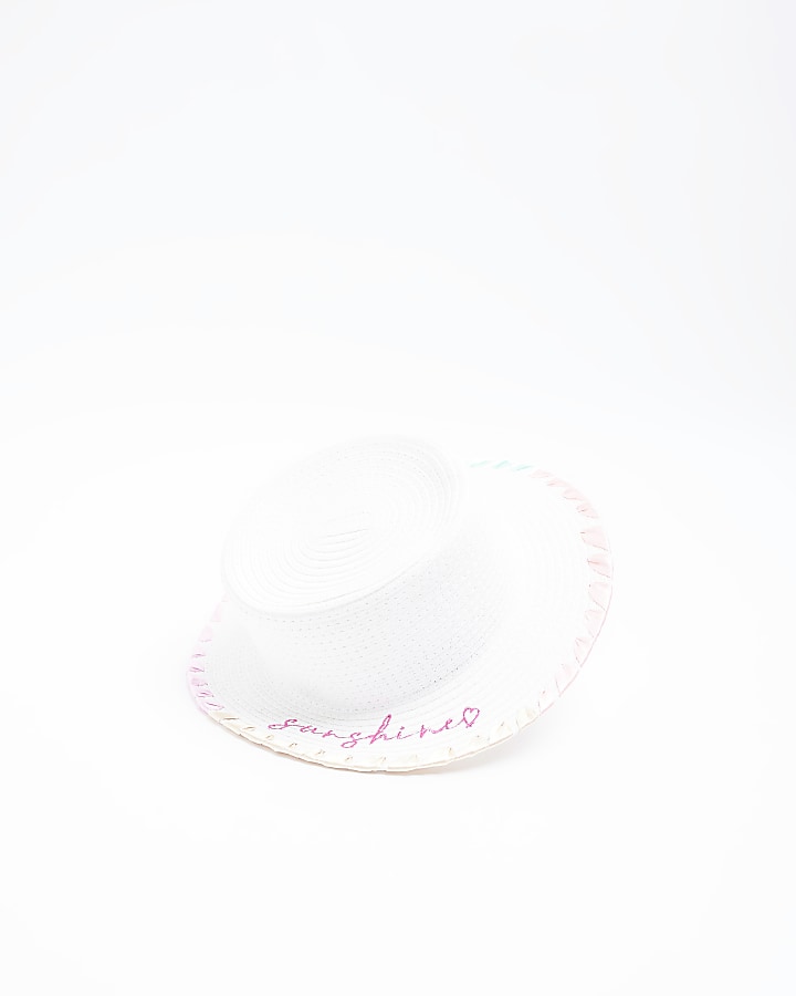 Mini girls white embroidered straw hat