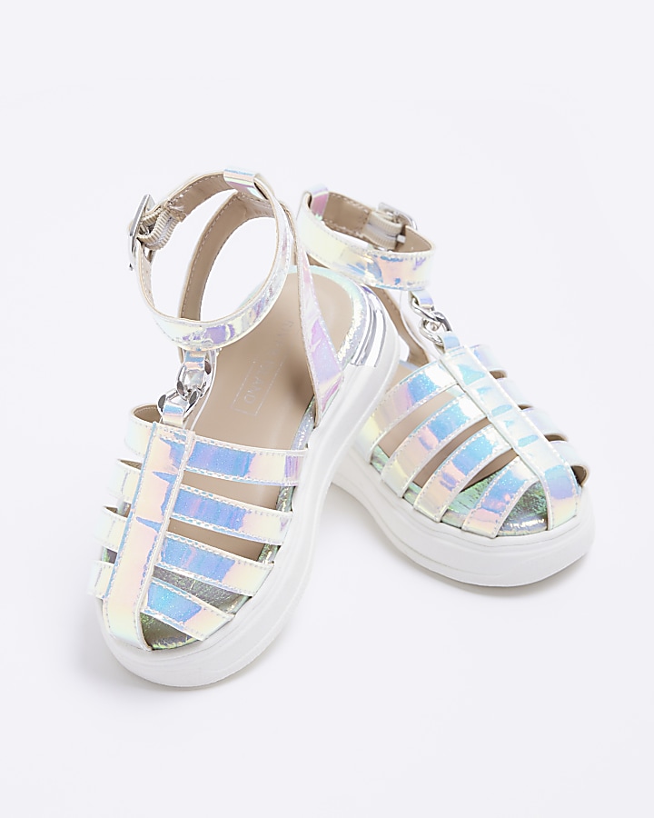 Mini girls silver holographic Sandals | River Island