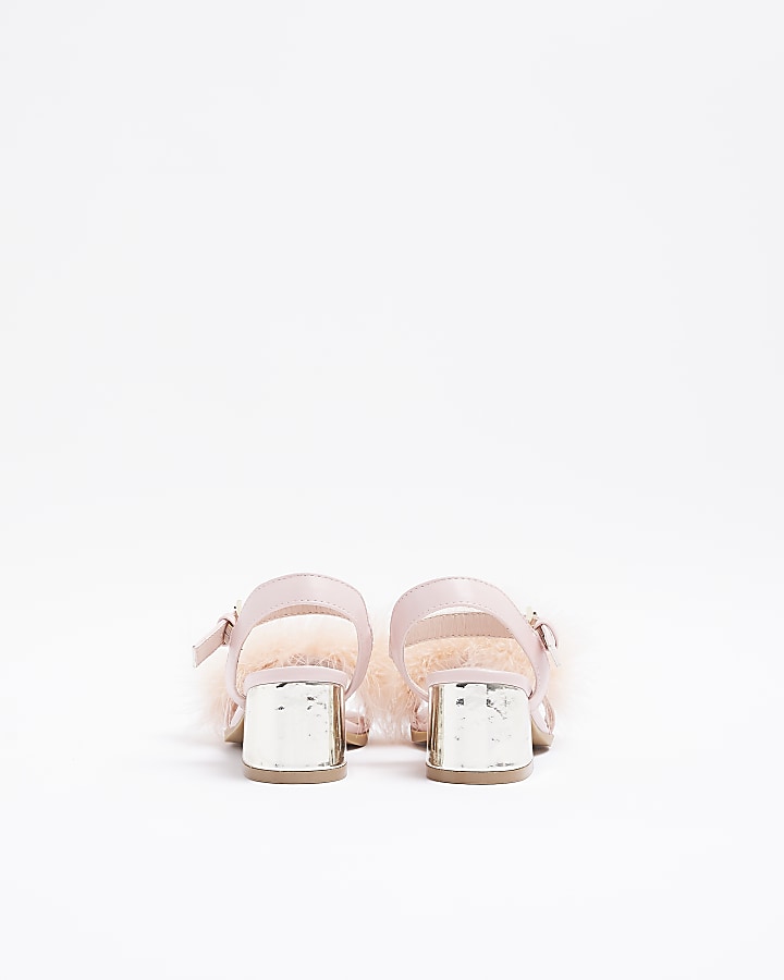 Girls Pink Fluffy Heeled Sandals