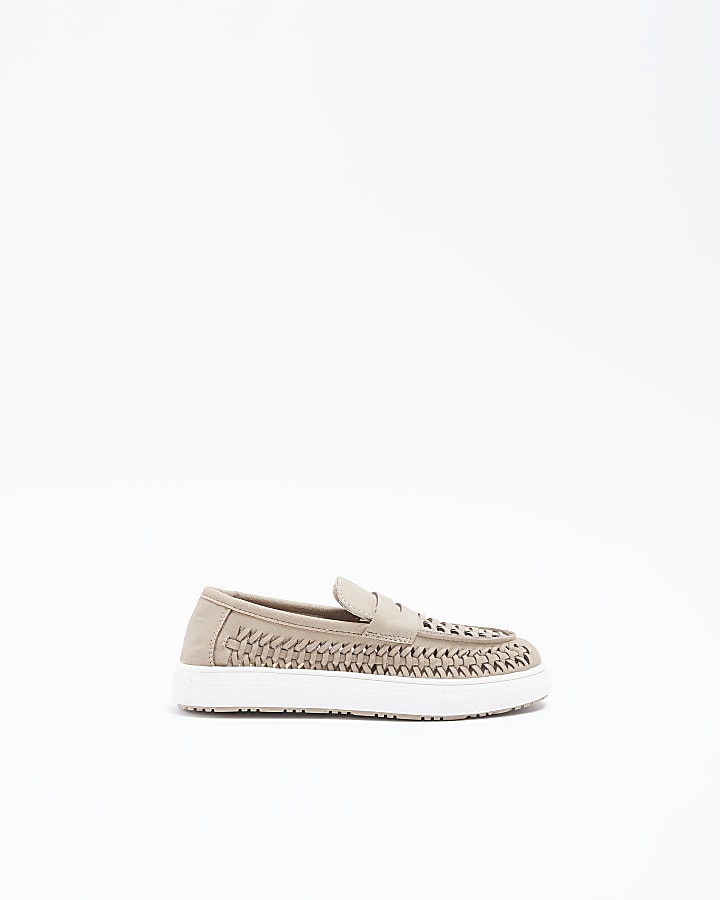 Boys beige weave detail loafers