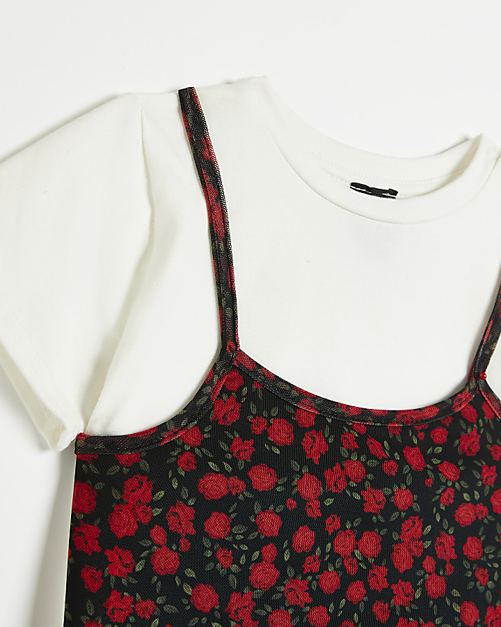 Girls Red Floral 2 in 1 Cami and T-shirt