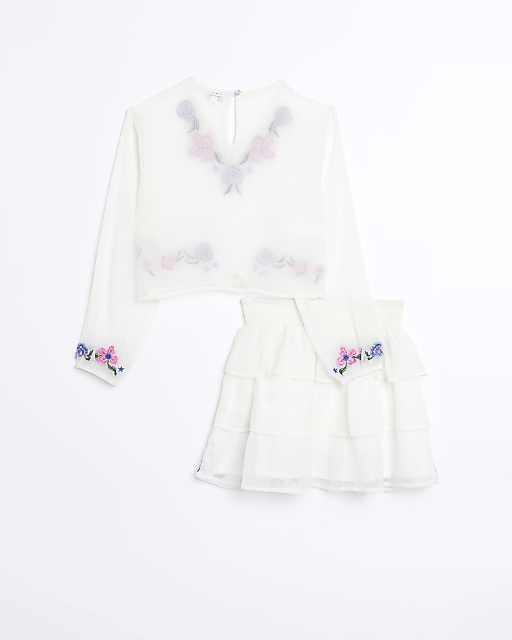 Girls White Floral Embroidered sheer Set