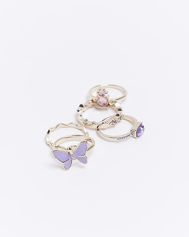 Girls Gold coloured Butterfly Ring 5 Pack