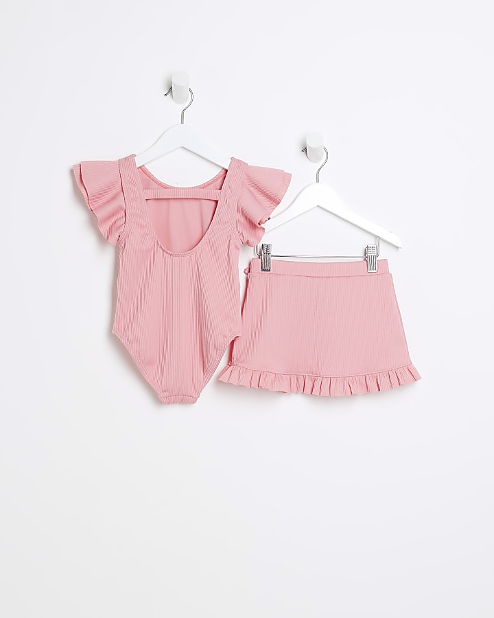 Mini girls coral Frill Ribbed swimsuit Set