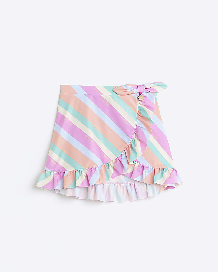 Girls Pink Rainbow Stripe Wrap Swim Skirt