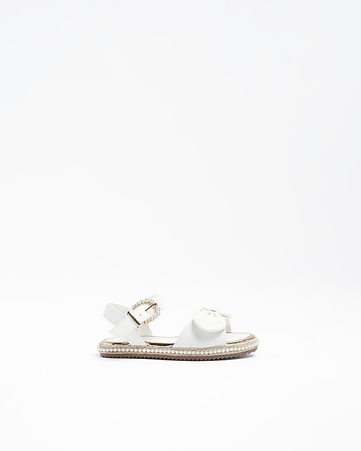 Girls White Pearl Embellished Bow Sandals