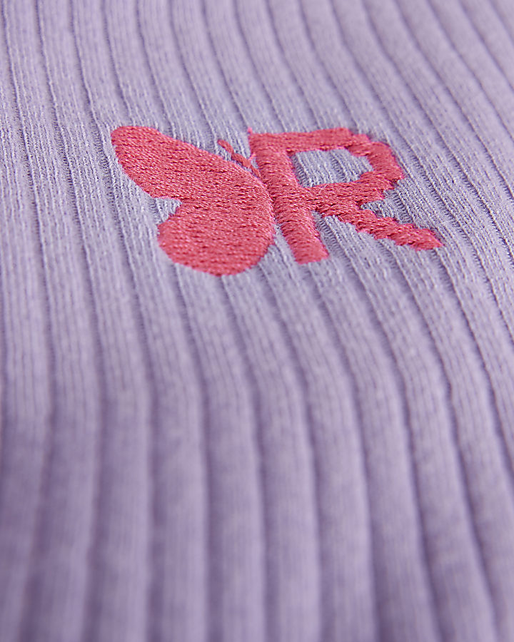Girls purple rib embroidered long sleeve top