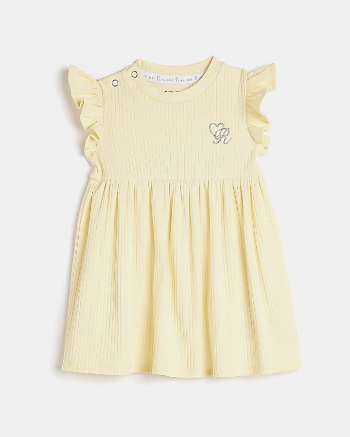 Baby Girls Yellow Organic Ribbed Frill Dress