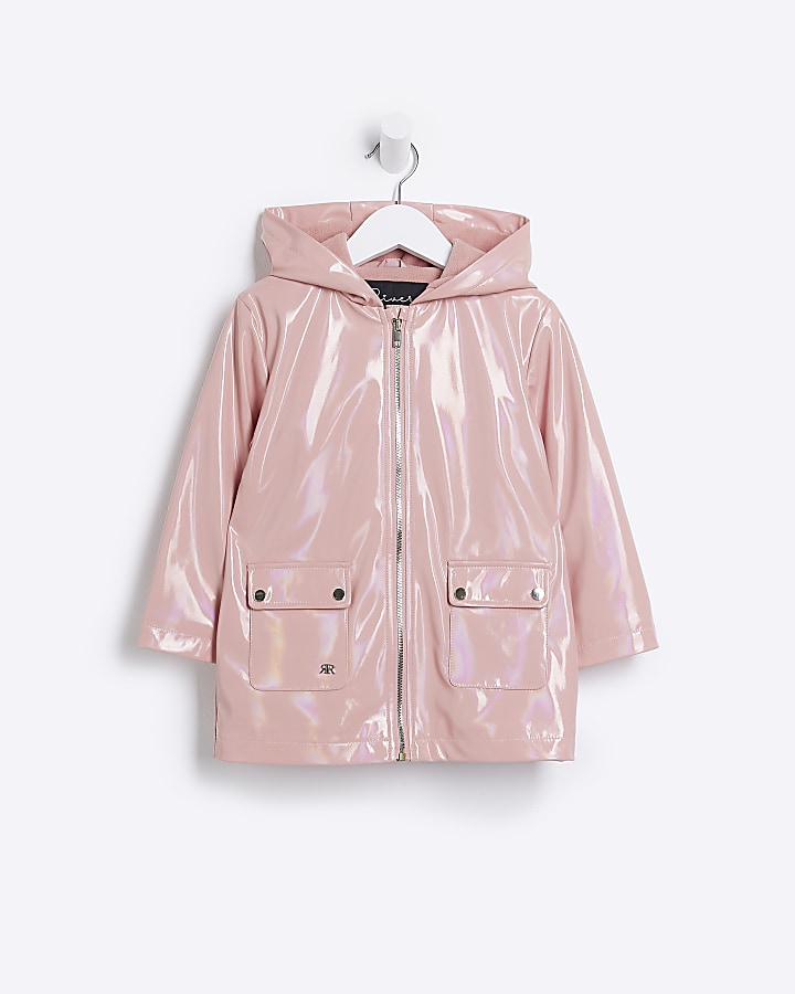 Mini girls pink iridescent rain coat