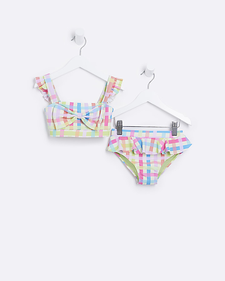 Mini Girls White Gingham Check Bow Bikini