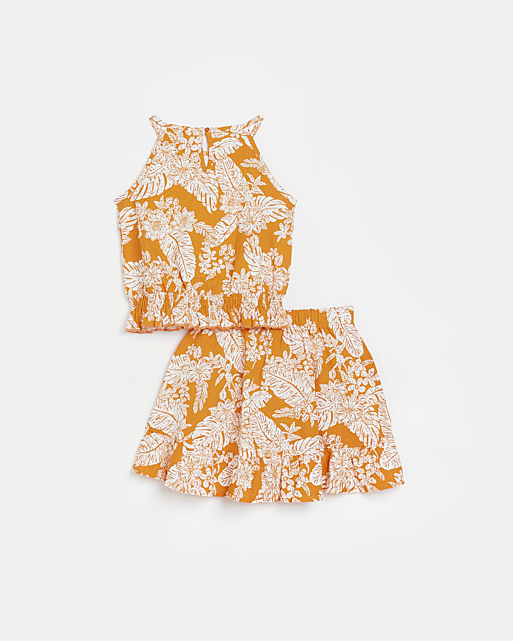 Girls Orange Floral Halter Top and Skirt Set