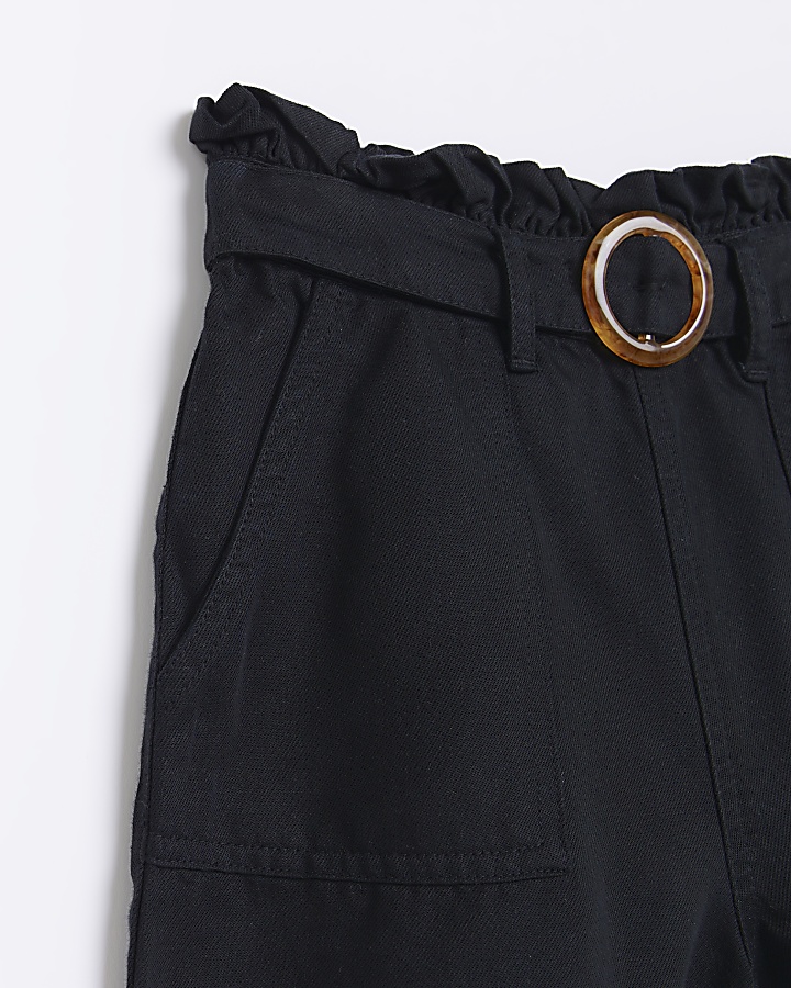 Girls Black Cargo Paper bag Shorts