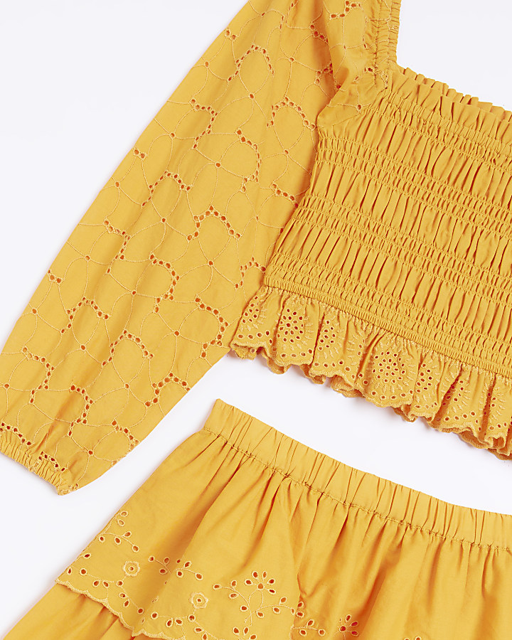 Girls Orange Shirred Broderie Skirt Set
