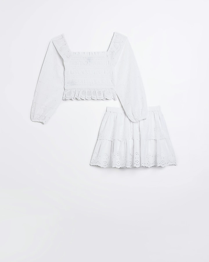 Girls white Shirred Broderie Skirt Set