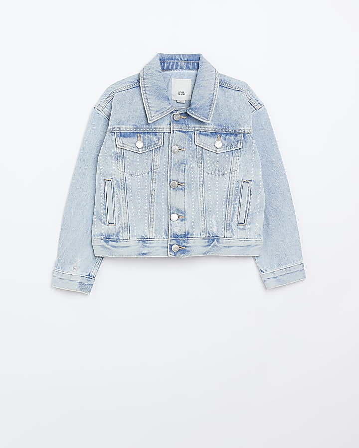 Girls blue diamante studded denim jacket