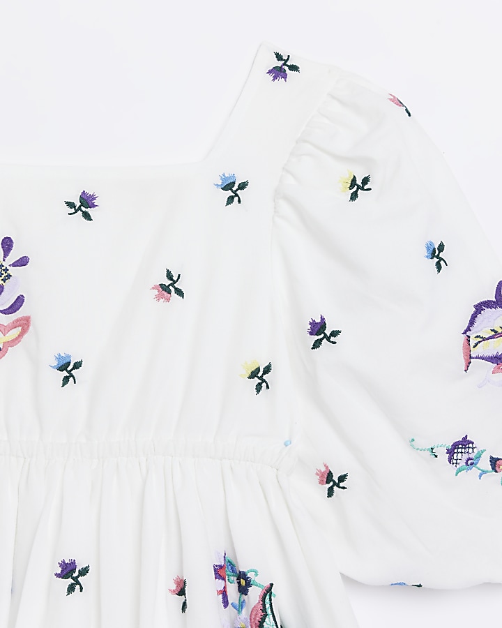 Girls White Floral Embroidered Smock dress