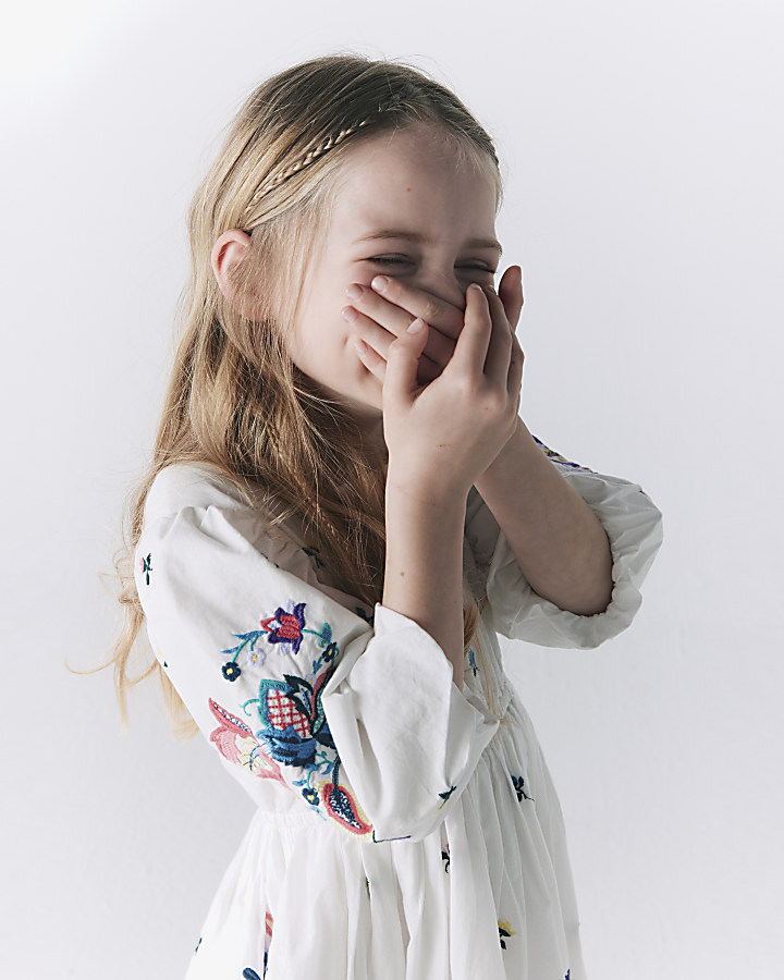 Girls White Floral Embroidered Smock dress