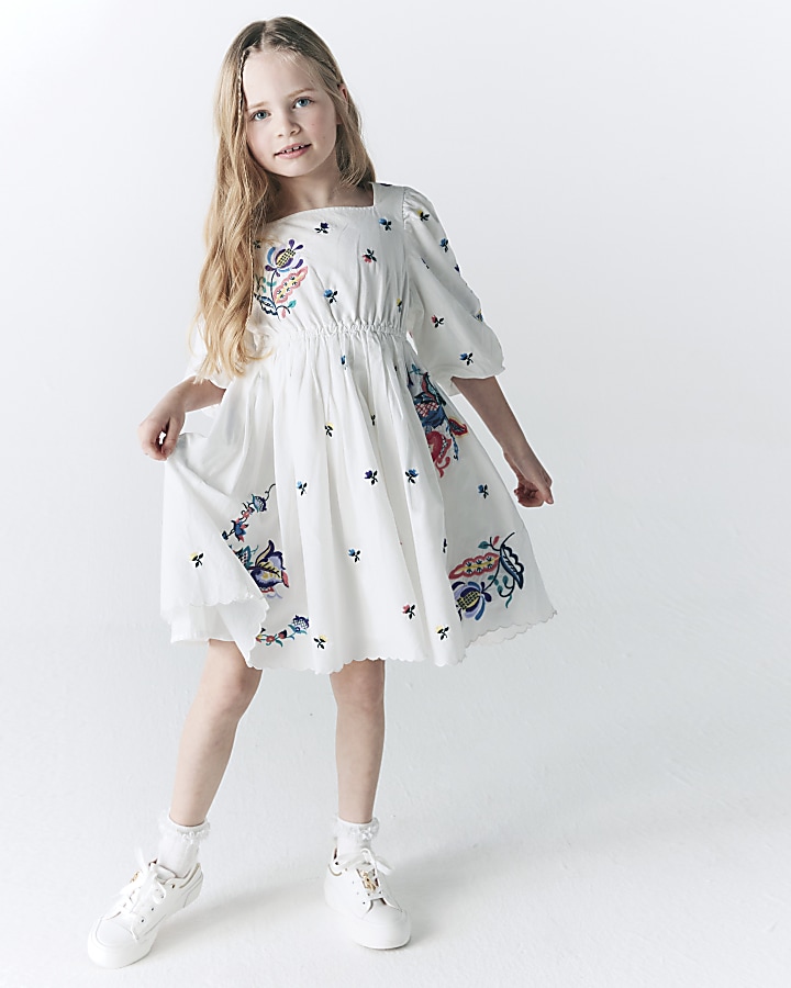 Girls White Floral Embroidered Smock dress