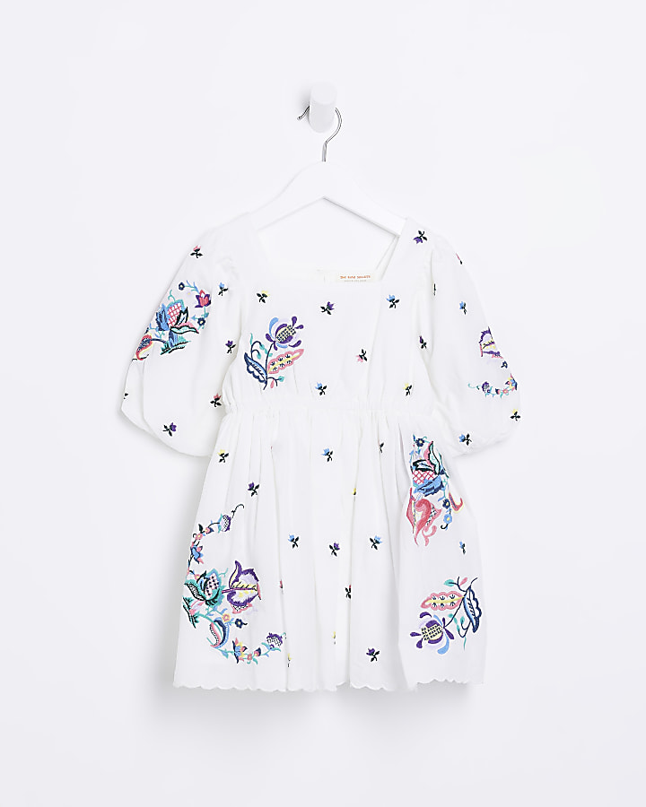 Mini girls White Embroidered Smock dress