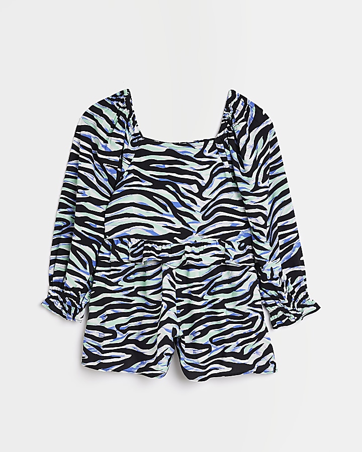 Girls Blue Zebra Square Neck Playsuit