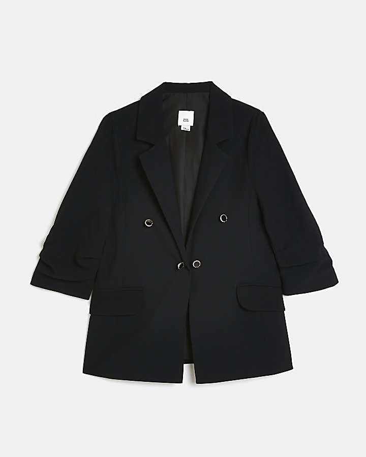 Girls Black Ruched Sleeve BLAZER