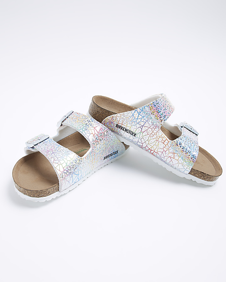 girls white Birkenstock hologram sandals