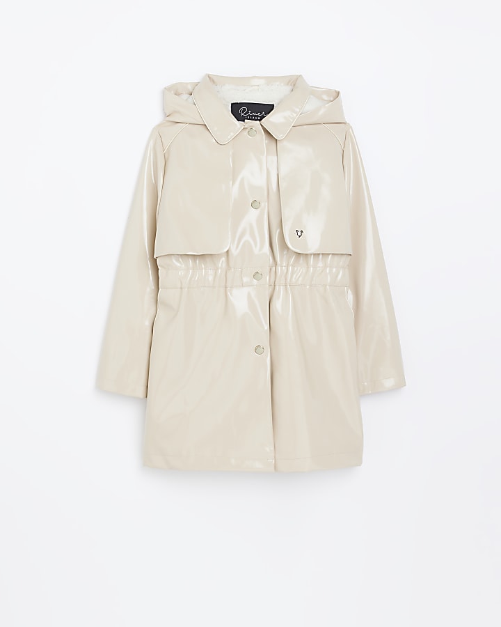 Girls beige PU hooded trench coat